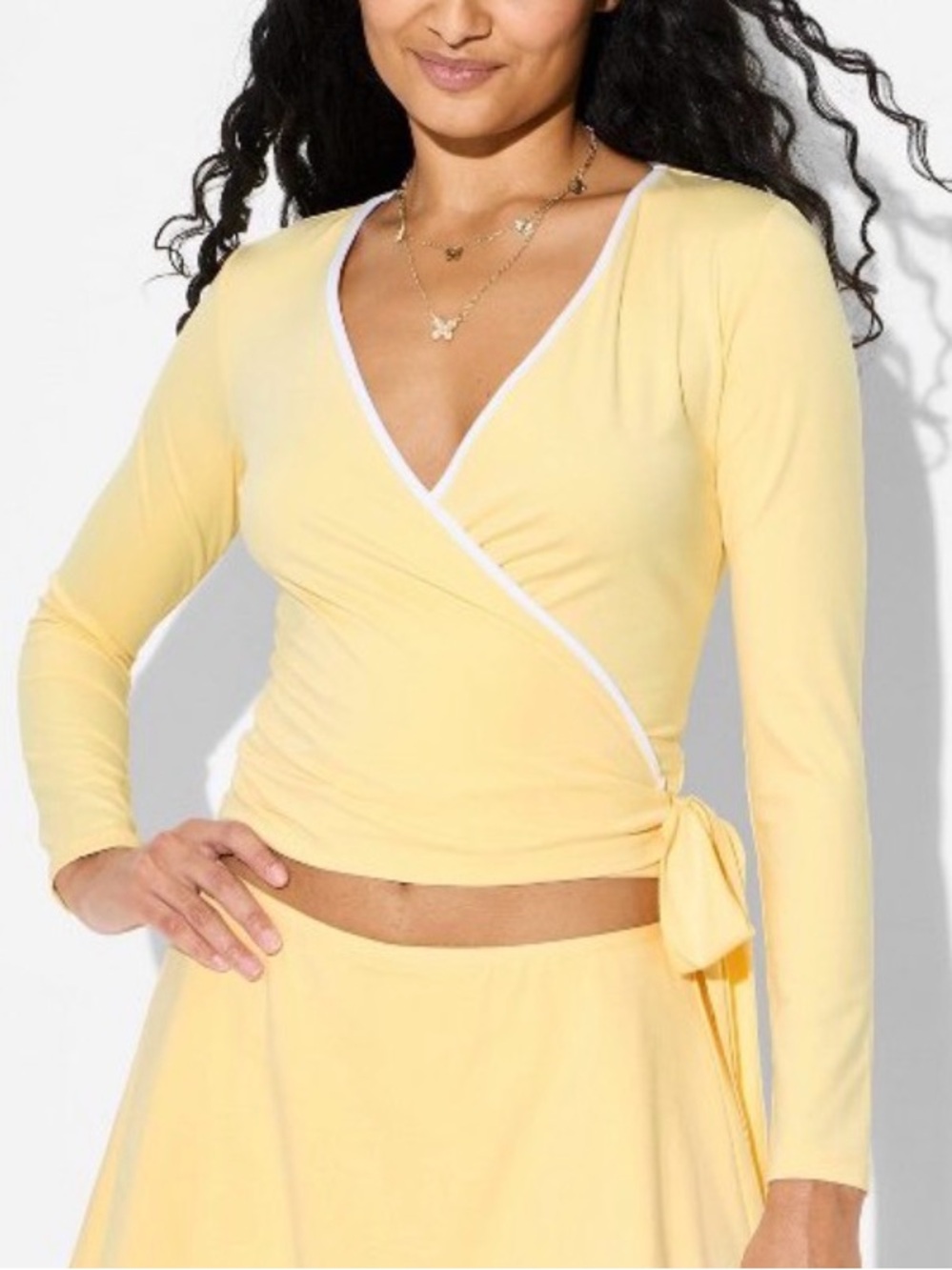 Wild Fable ButterBliss Long Sleeve V-Neck Wrap Top in Butter Yellow.